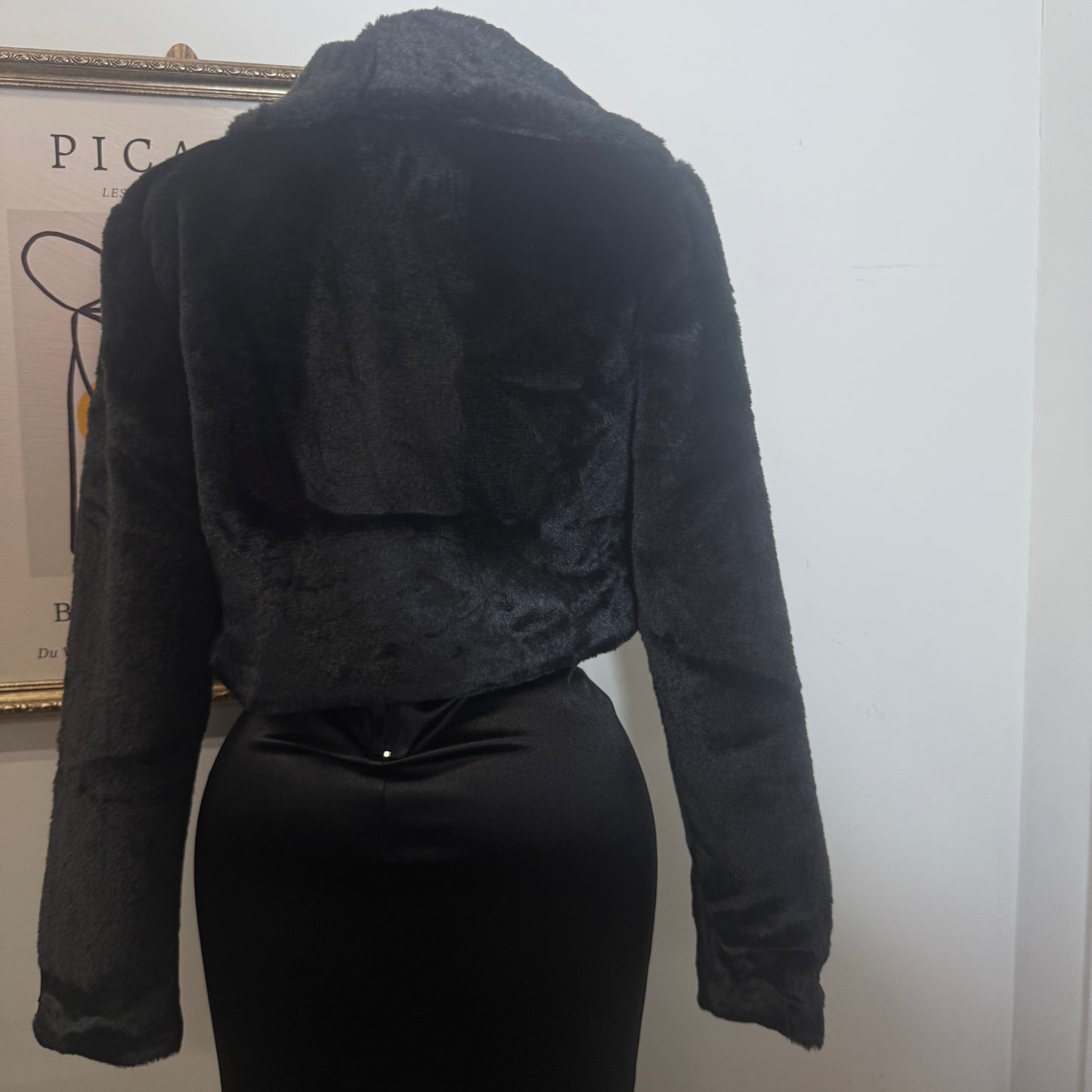 Fur Open Front Fuzzy Coat-Black