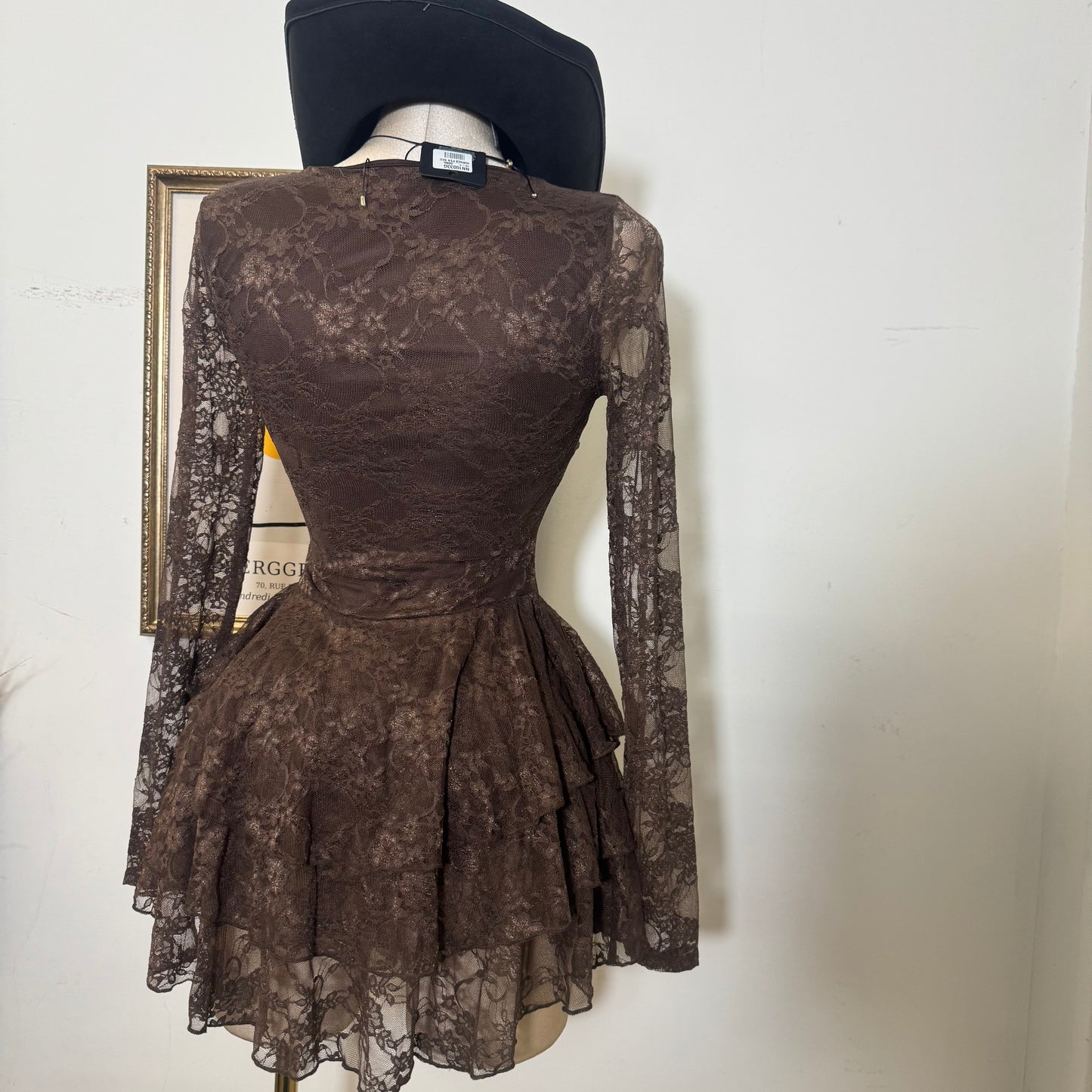 Lace Long Sleeve Ruffle Layered Mini Dress-Brown