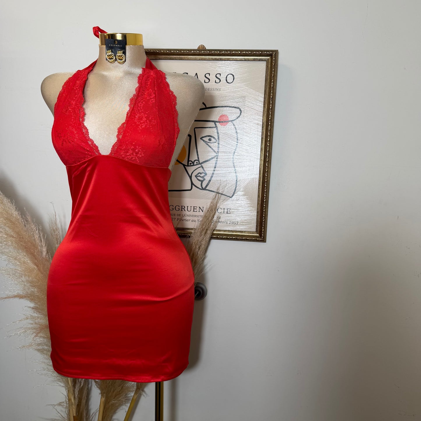 Halter Lace Satin Mini Dress-Red