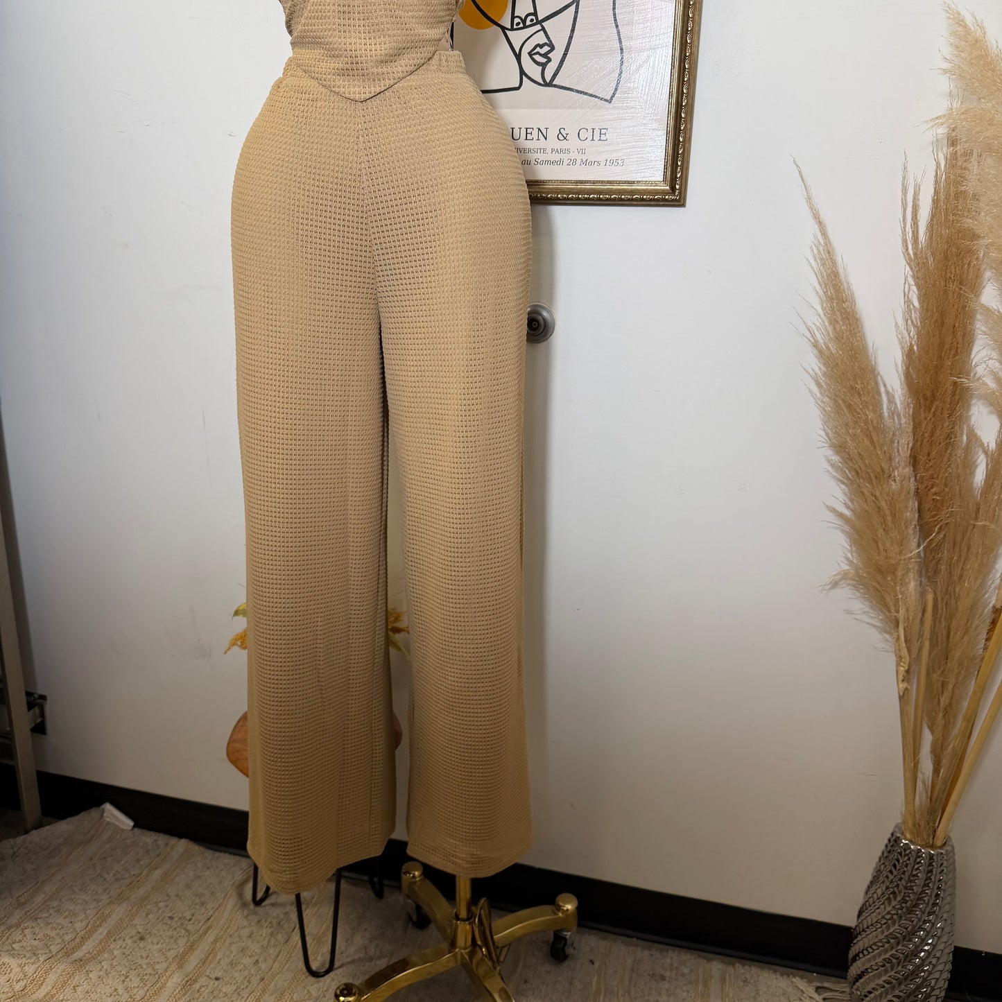 Waffle Knit Seashell Trim Top Wide leg Pant Set-Taupe
