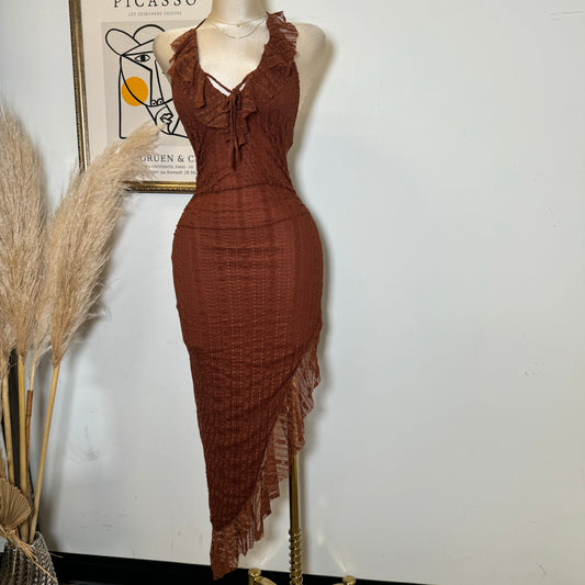 Lace Open Slit Halter Dress-Rust