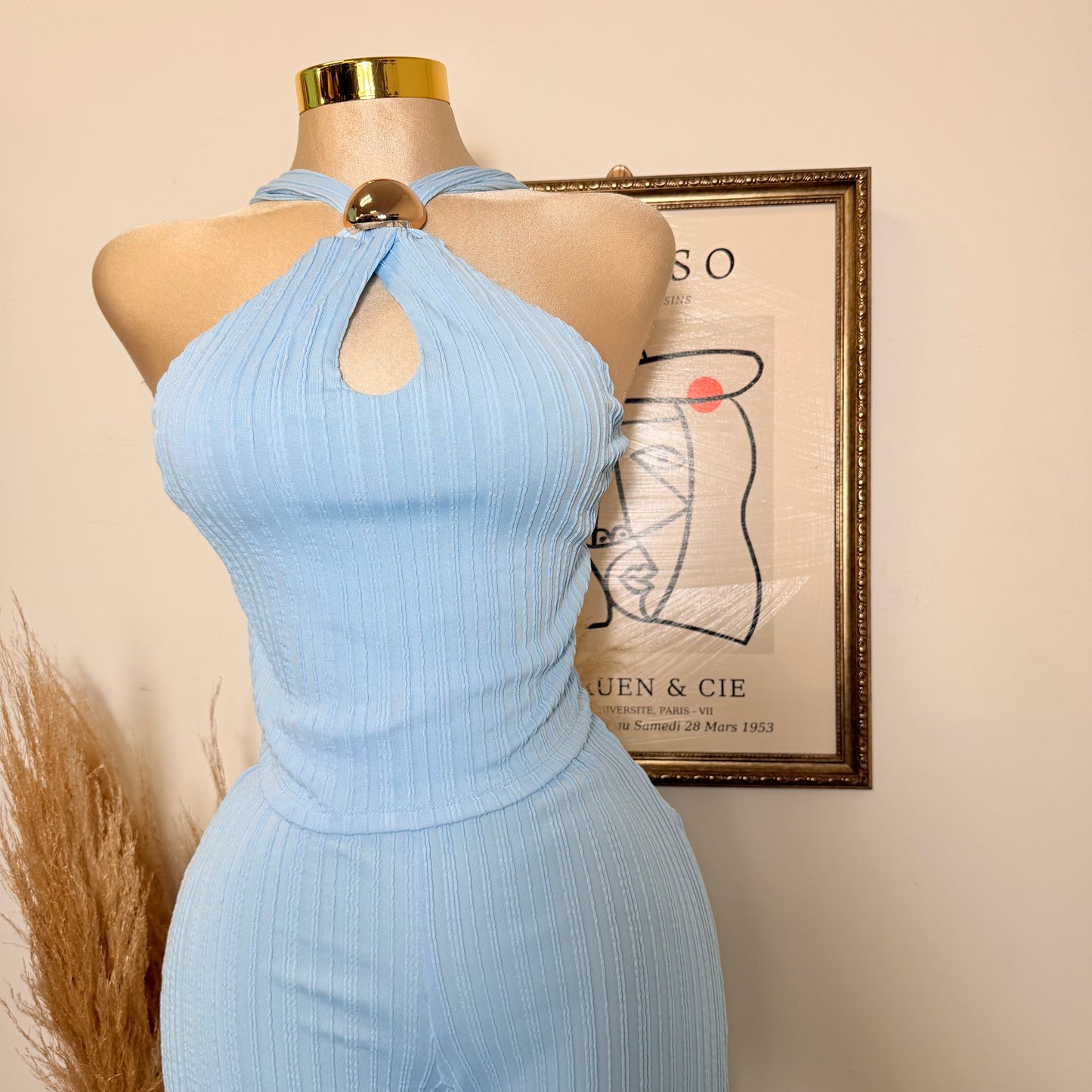 Front Cut Out Jewel Decor Halter Style Top and Pant Set-Baby Blue