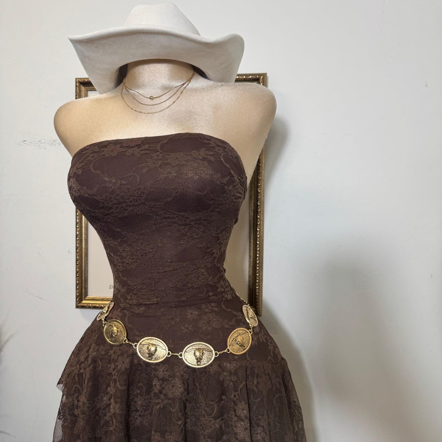 Lace Double Layer Ruffle Asymmetrical Maxi Dress-Brown