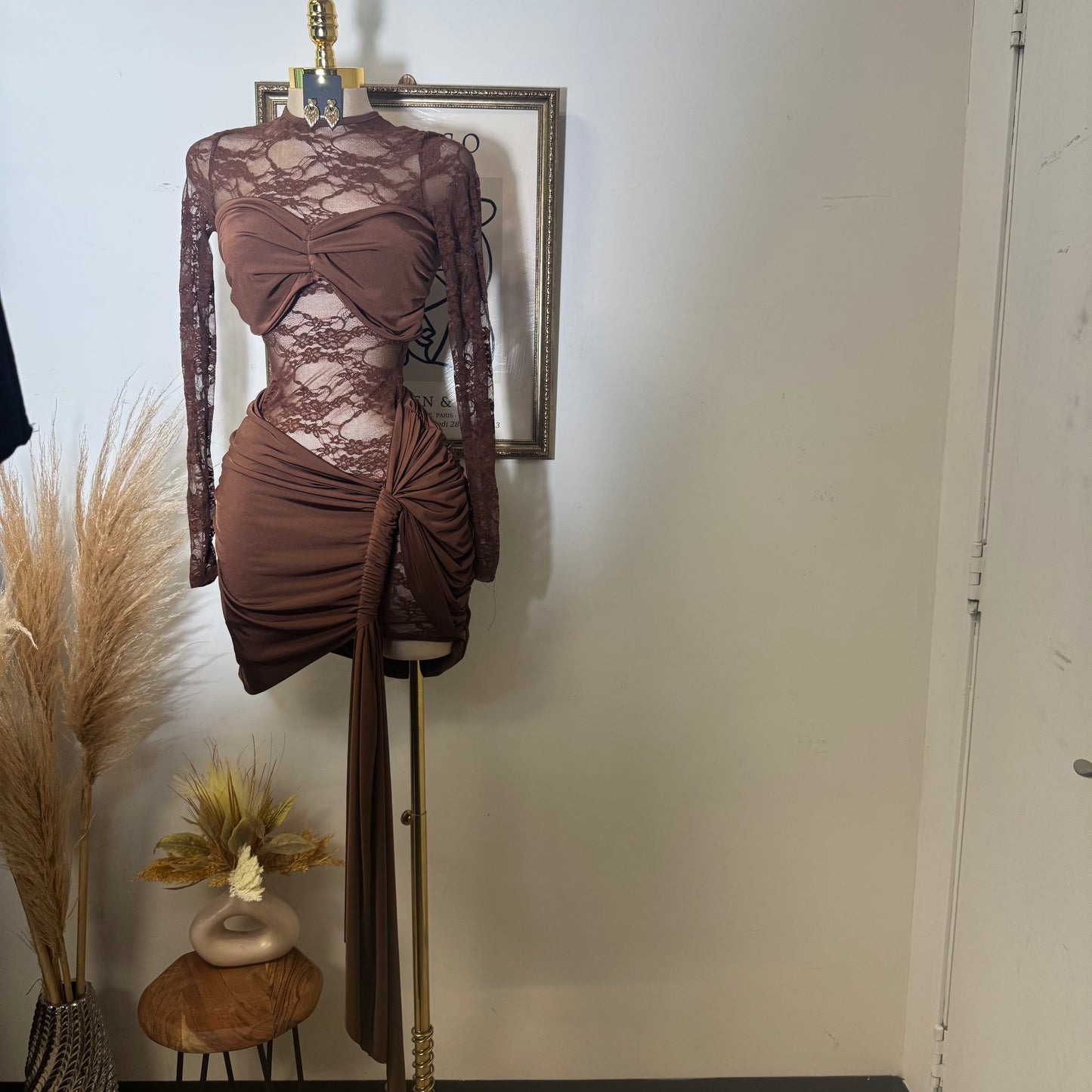 Long sleeve Lace Dress-Brown