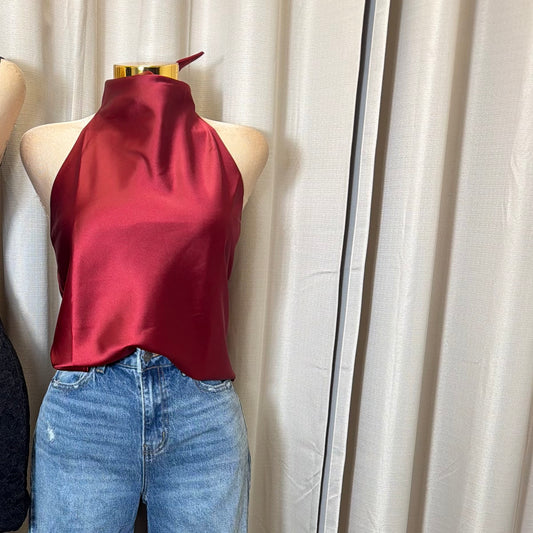 Satin Halter Top-Burgundy