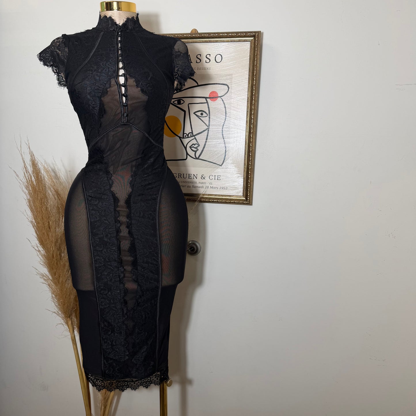 Lace Midi Dress-Black