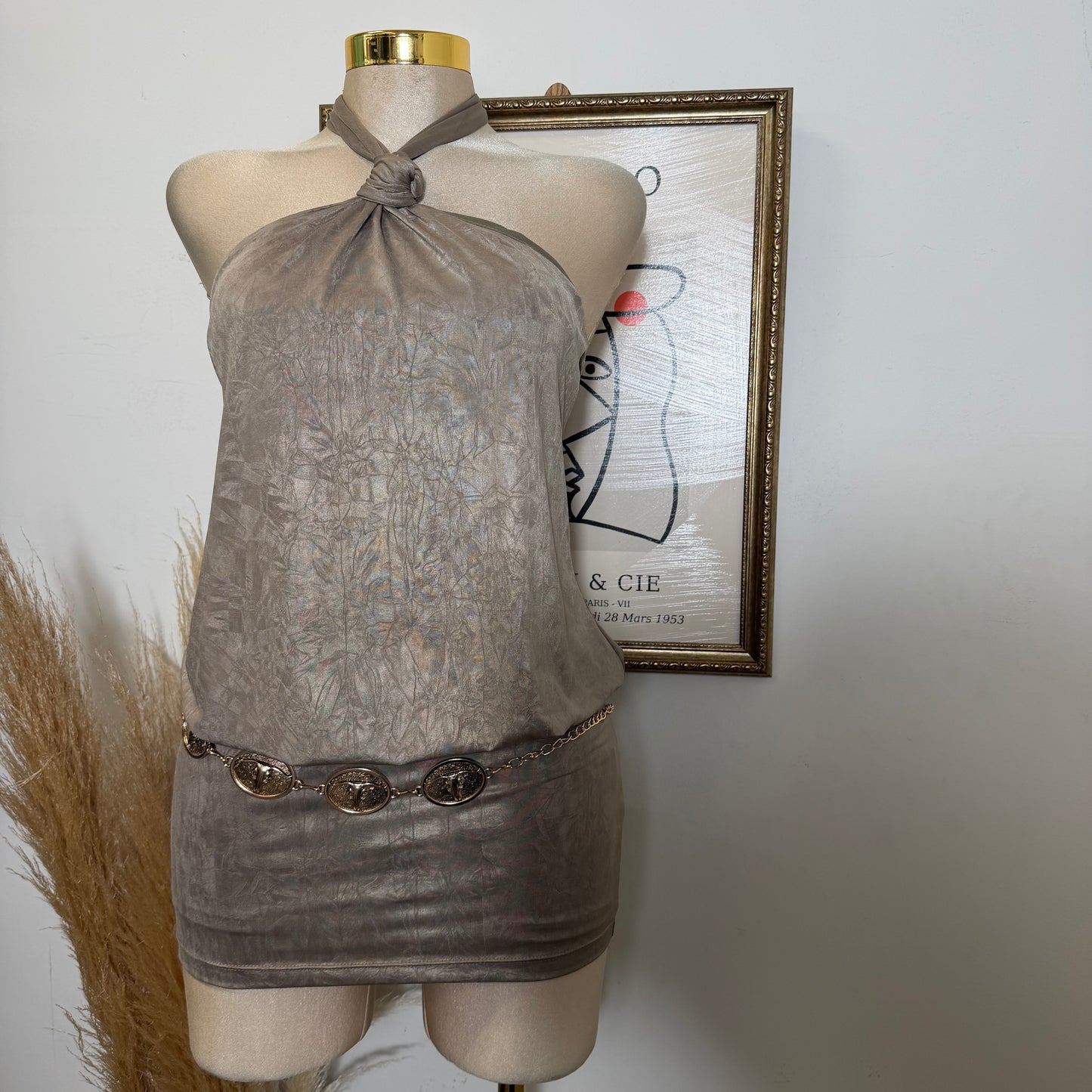 Knot Halter Blouson Bodycon Mini Dress-Mud