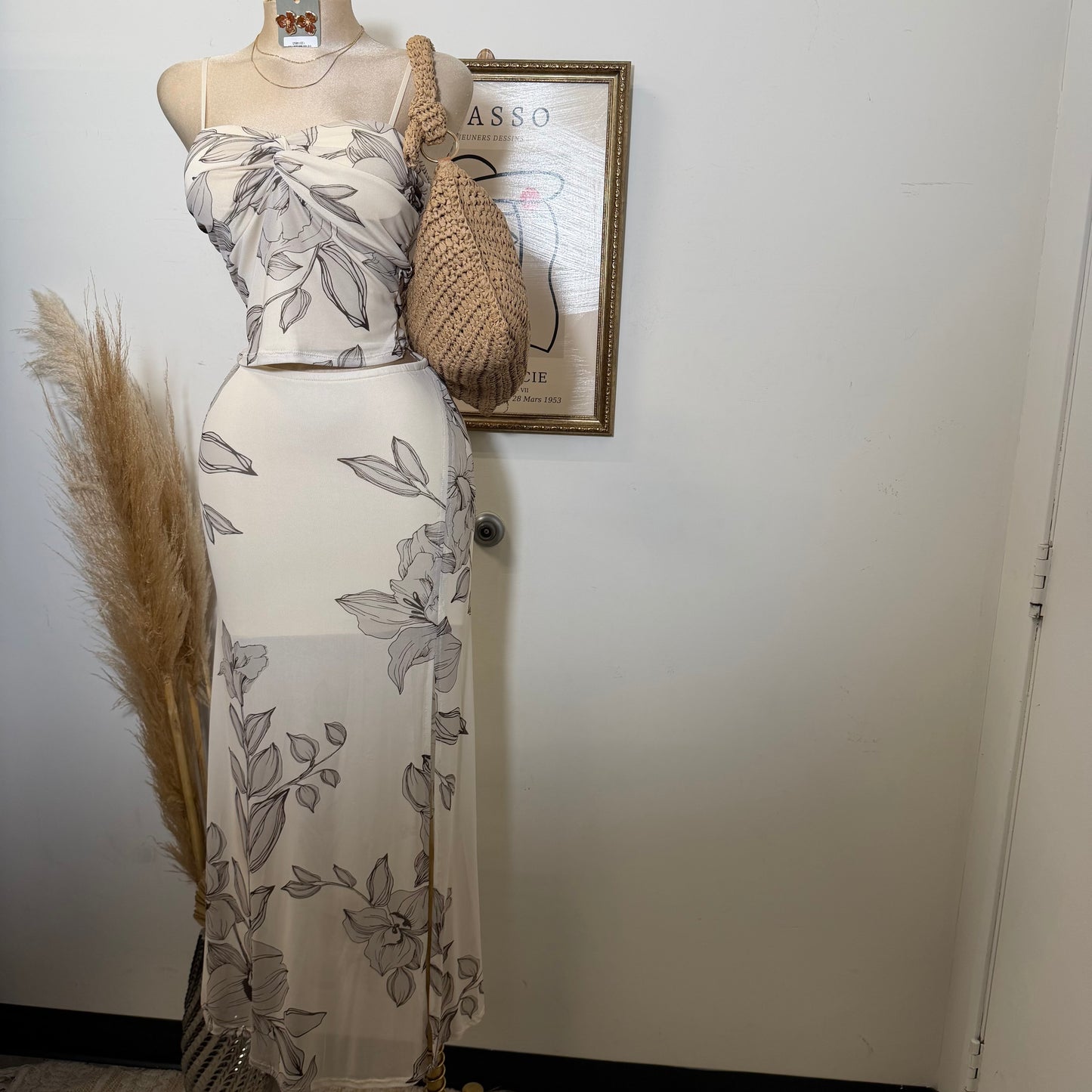 Mesh Print Twist Cami Top & Slit Maxi Skirt-Sand/Brown