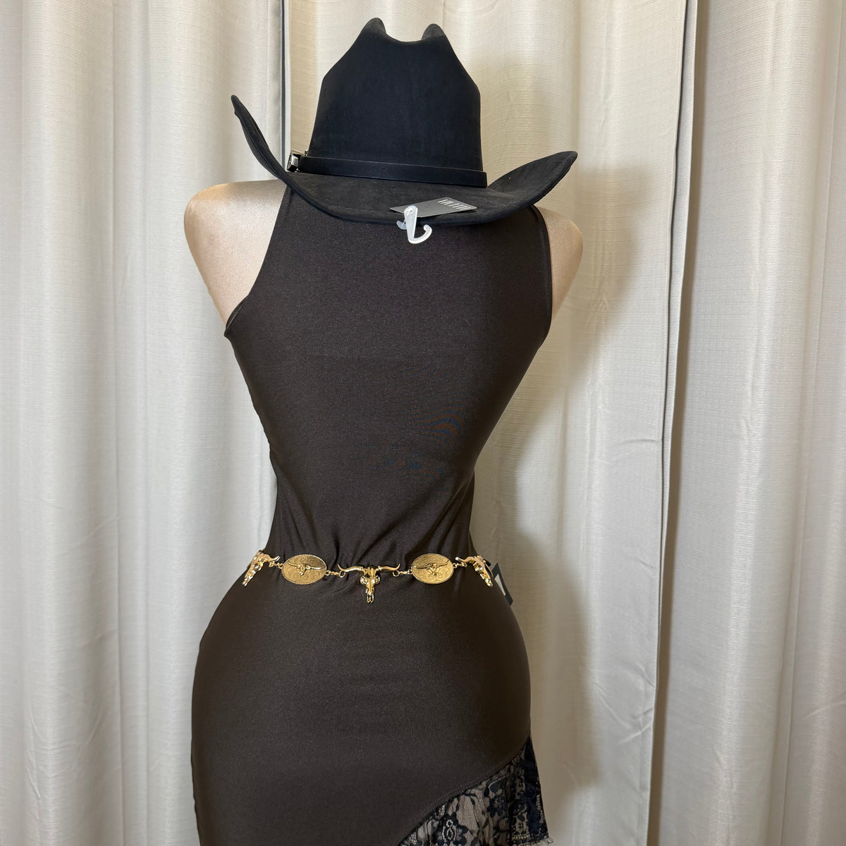 Mock neck Asymmetrical lace Detail Dress-Brown/Black