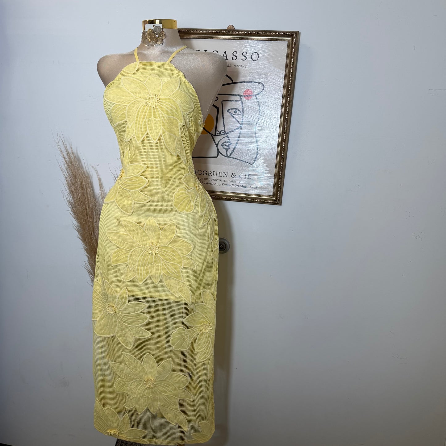 Halter Neck with Lace up back Midi Dress- Yellow