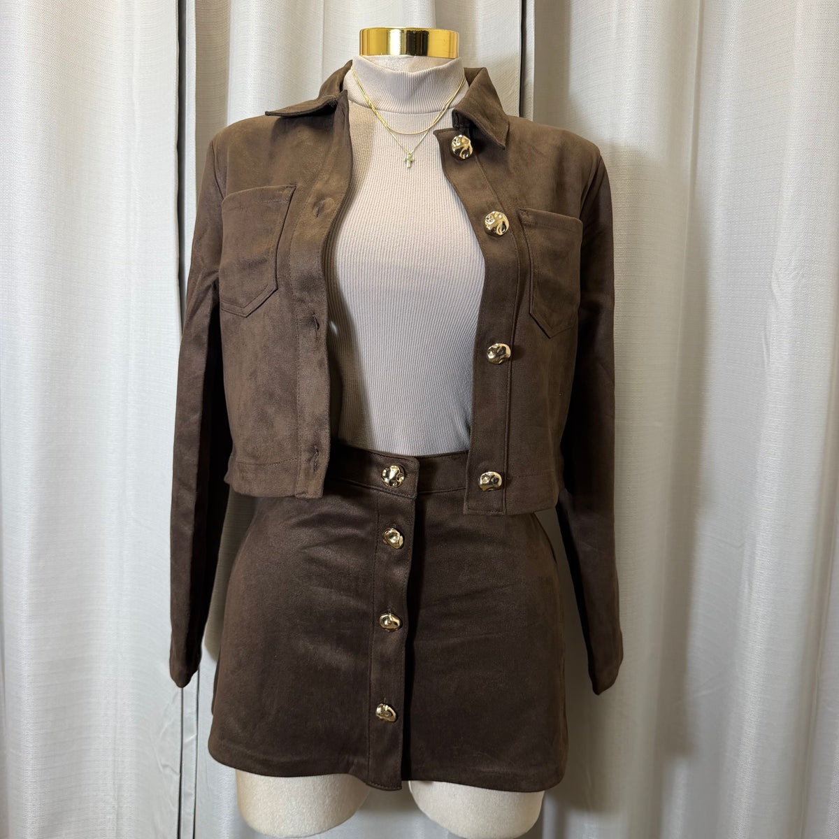 Suede skirt cropped Jacket set-Choco brown