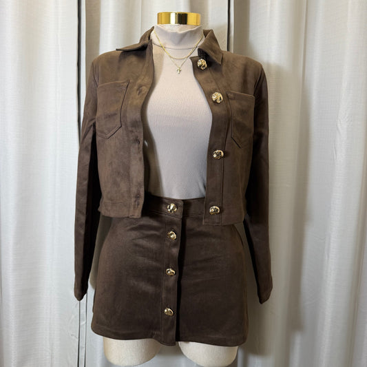 Suede skirt cropped Jacket set-Choco brown