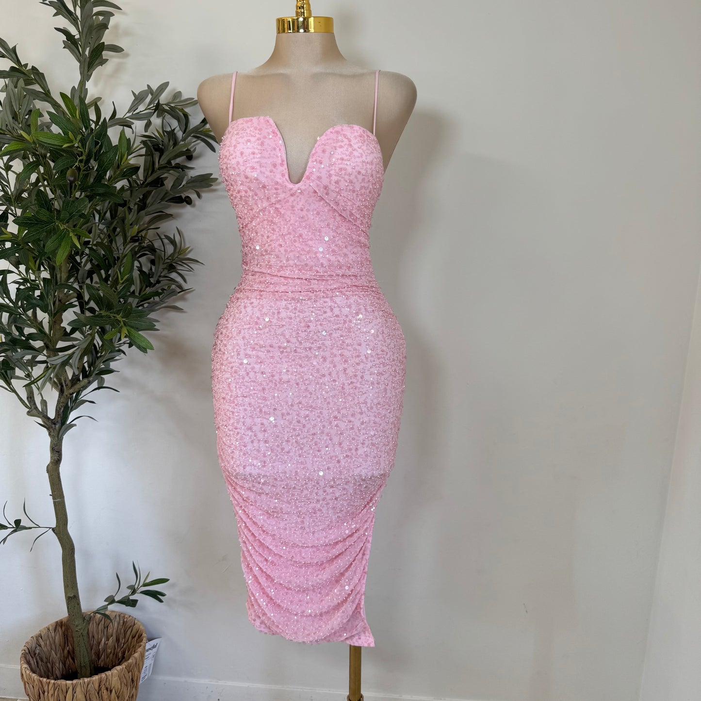 Bead and Sequin Ruched Midi dress-Baby Pink