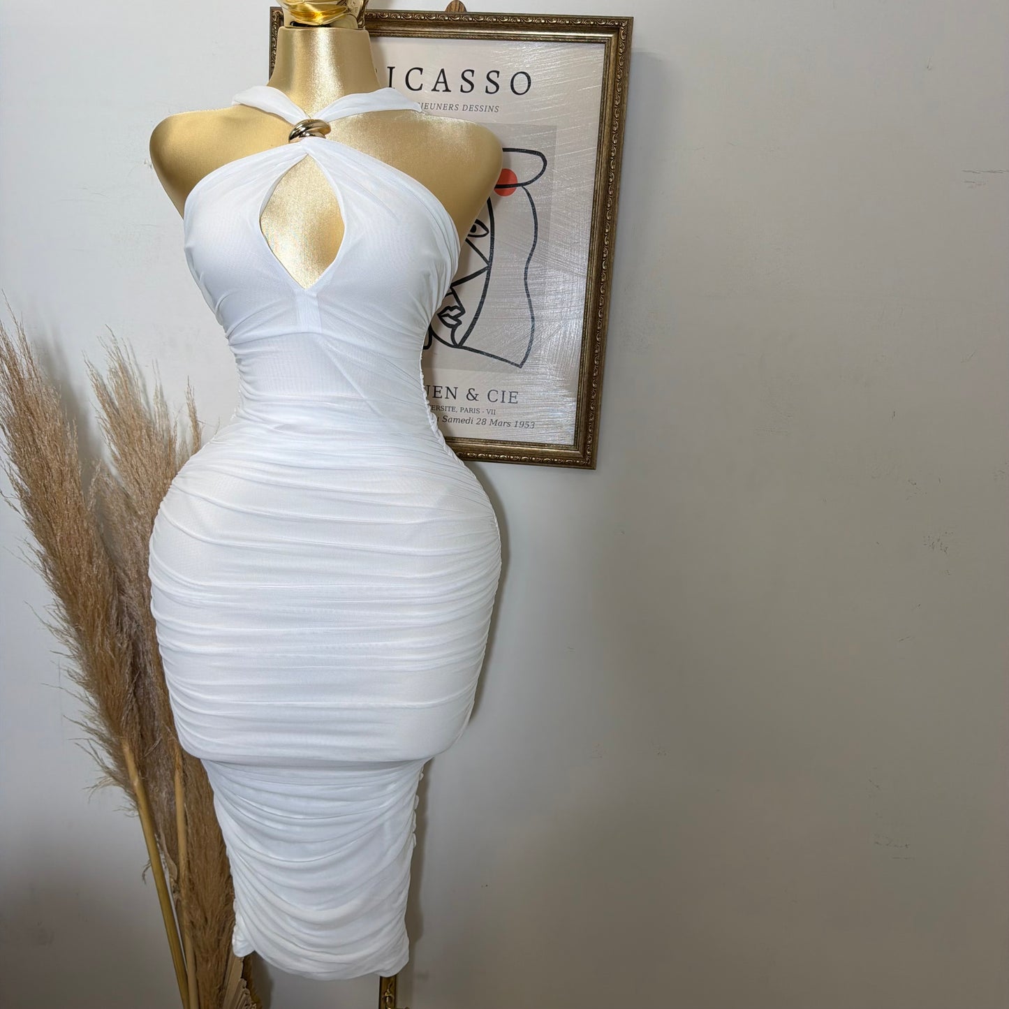 Halter Neck Trim Inset Ruched Bodycon Midi Dress-White