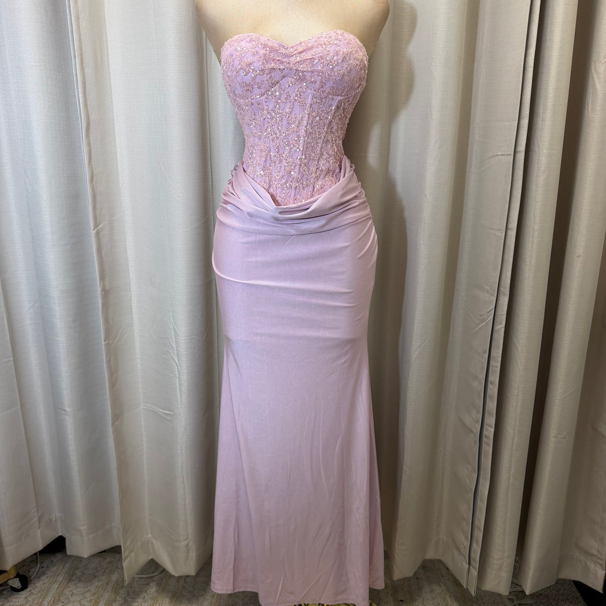 Sequin Lace with knit satin Dress-Baby Pink