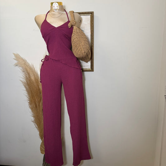 Asymmetrical hem Halter Top Wide leg Set-Berry