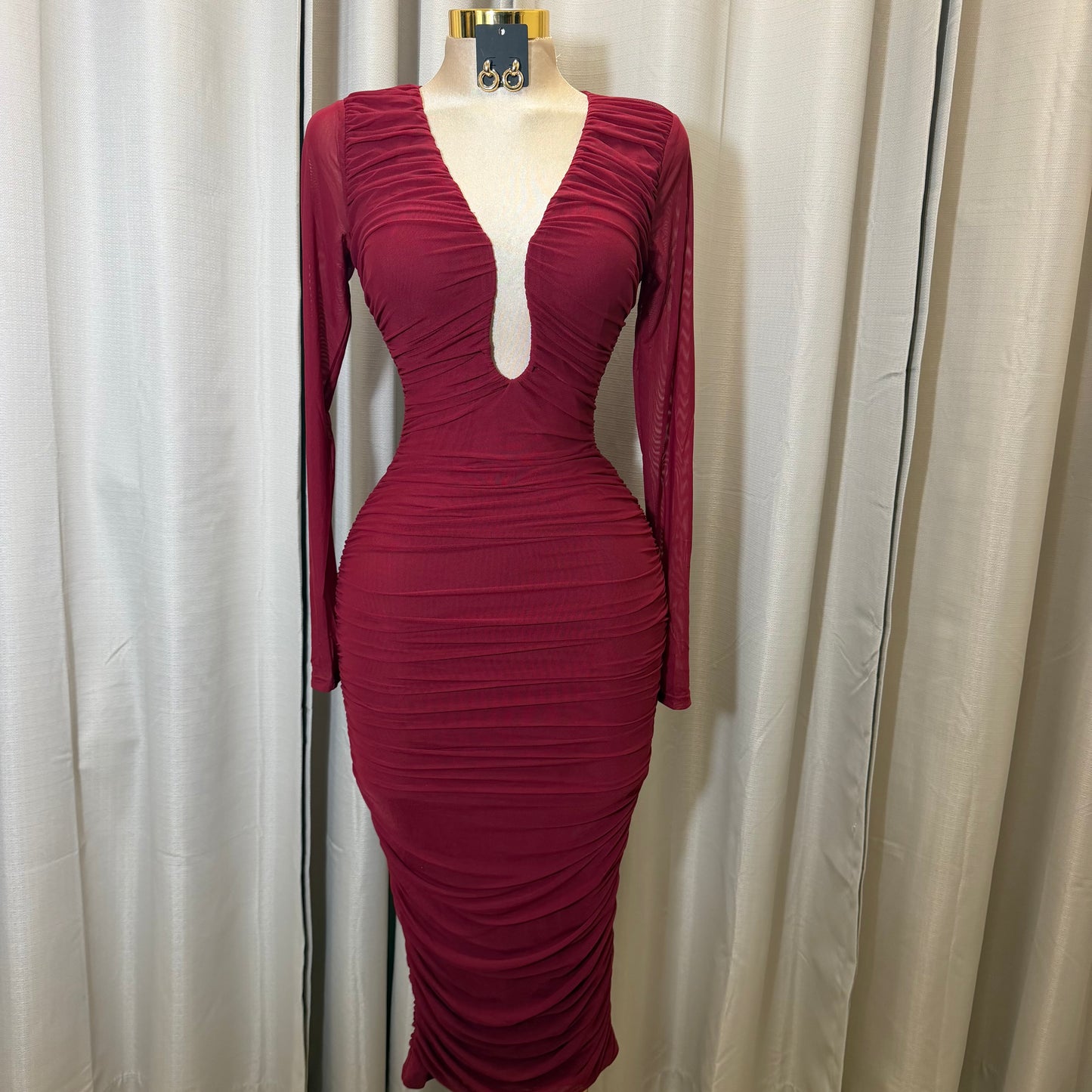 Mesh Long Sleeve Midi Dress w/ a U wire insert-Wine/Burgundy