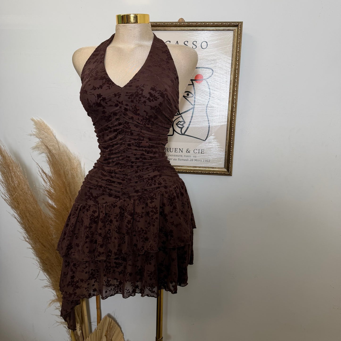 Halter Flower Print Dress-Brown