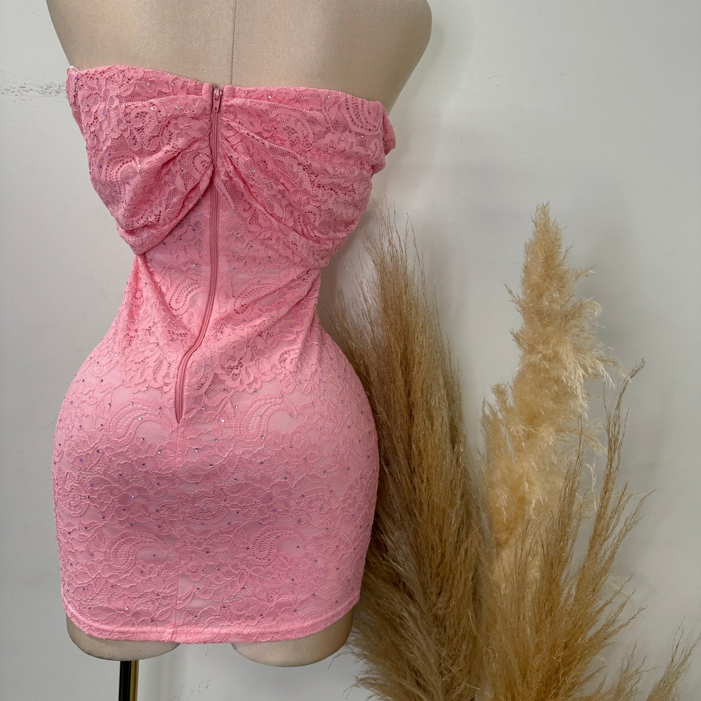 Bow Lace Rhinestone Dress-Pink