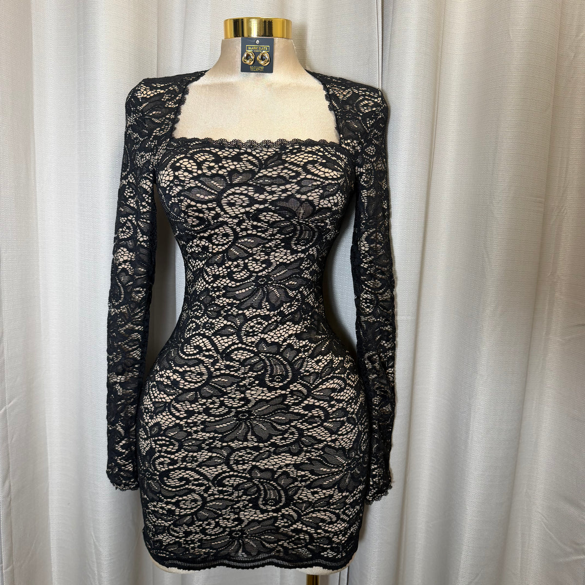 Square Neck Long Sleeve Lace Mini Dress-Black/Nude