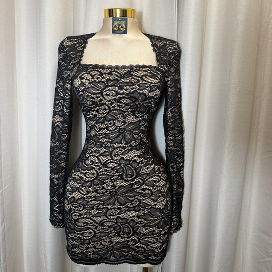 Square Neck Long Sleeve Lace Mini Dress-Black/Nude