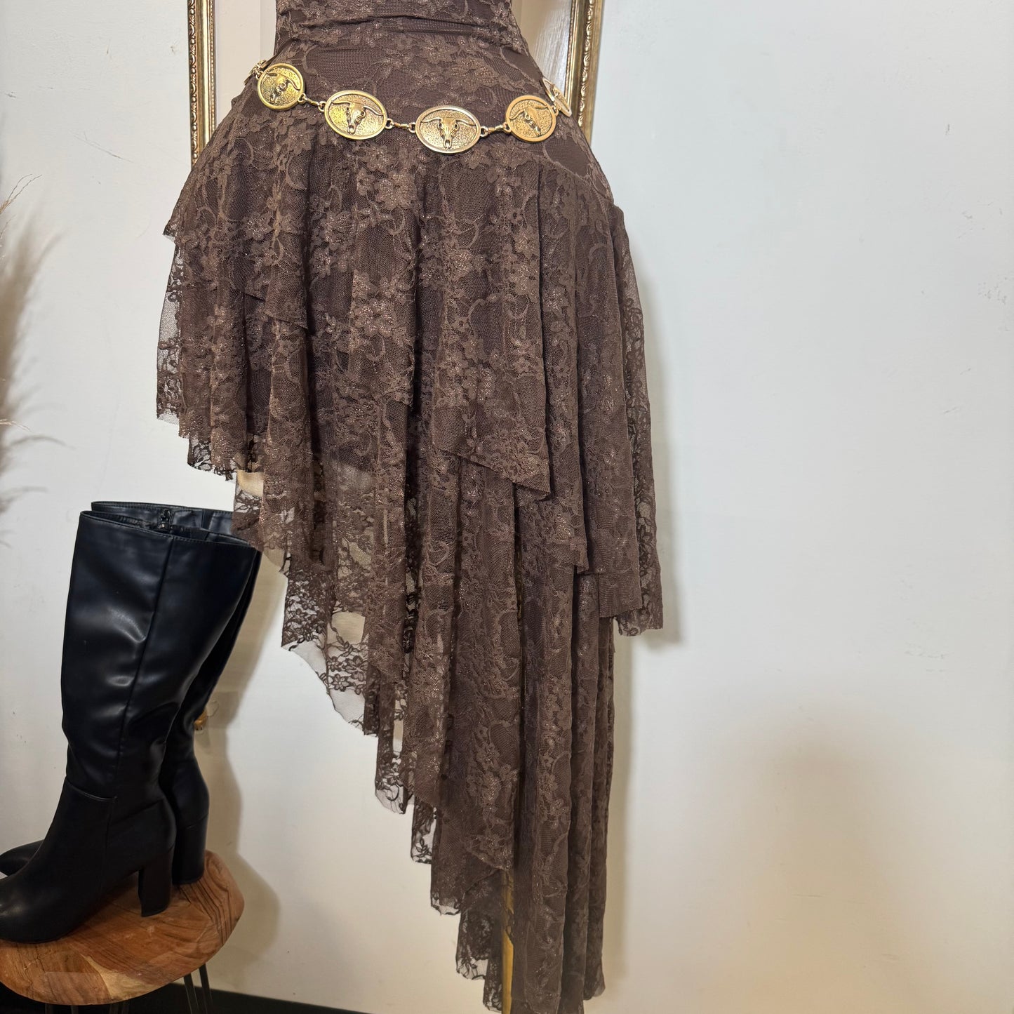 Lace Double Layer Ruffle Asymmetrical Maxi Dress-Brown