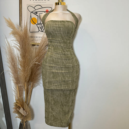 BRUSHED KNIT TUBE MOCK NECK MIDi DRESS-Green
