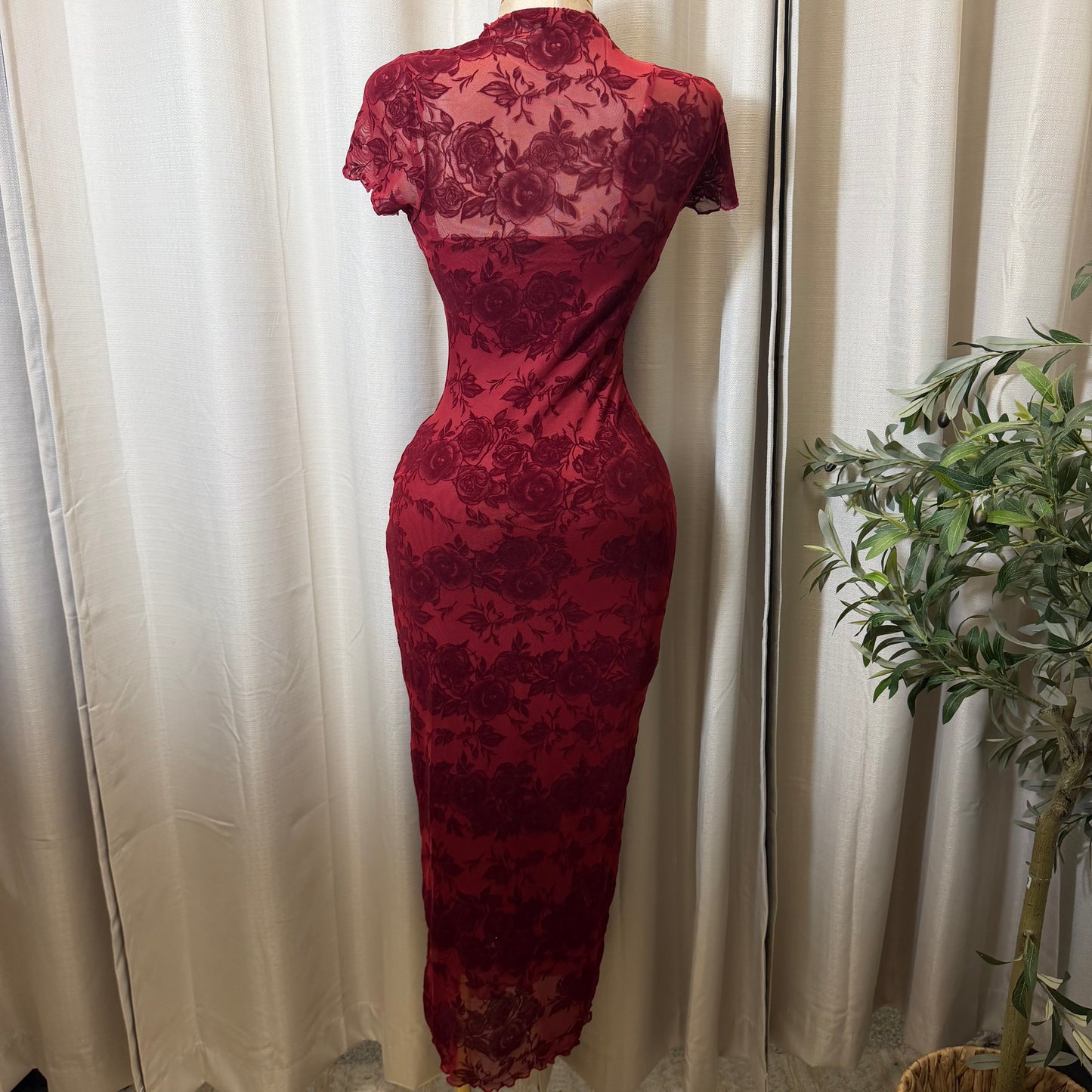 Luxi Mesh Flower Print Dress-Burgundy