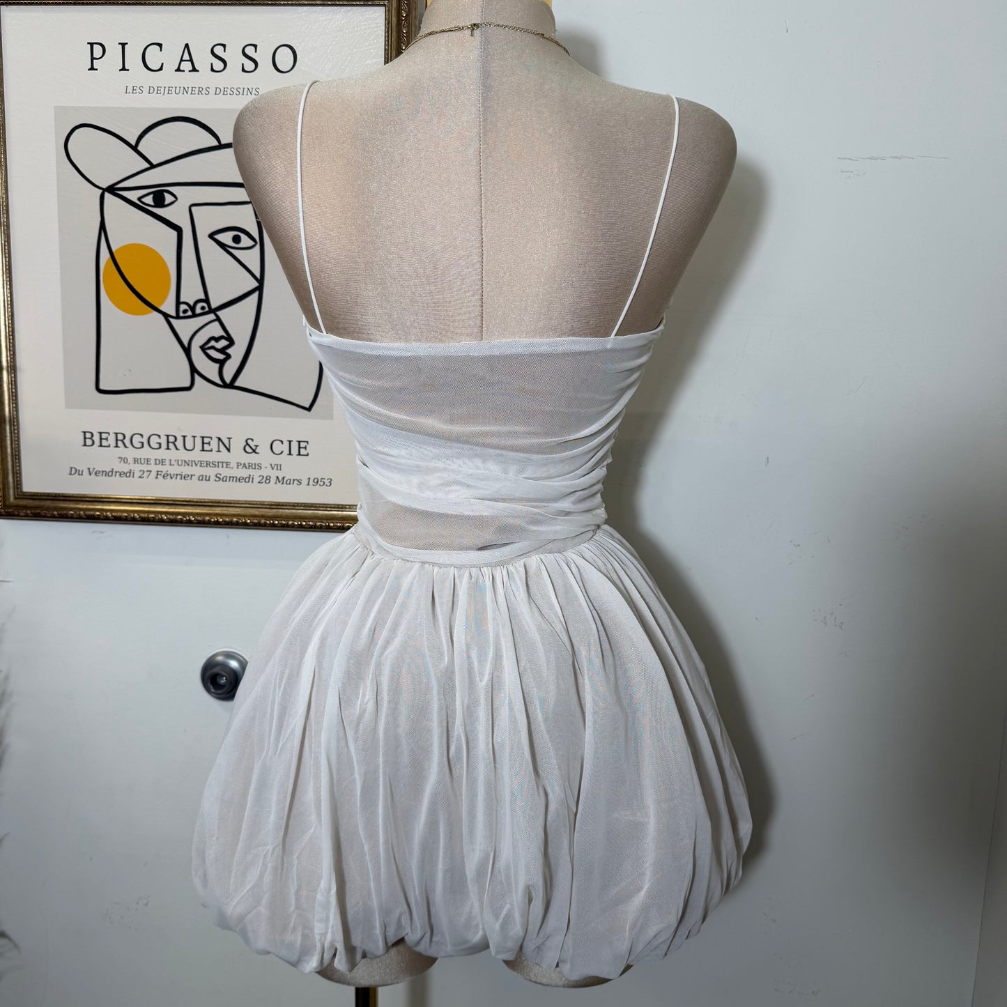 Ballon Mesh Mini Dress-Ivory