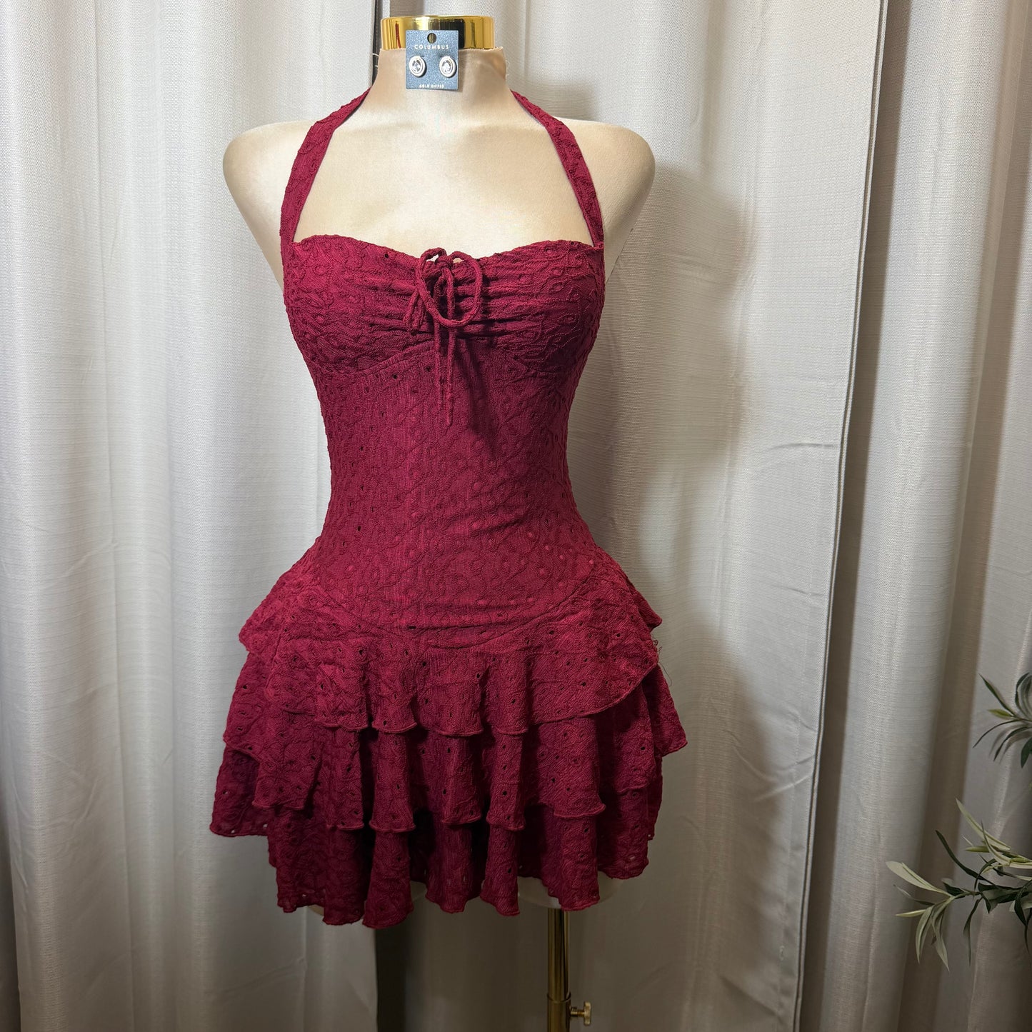 Eyelet halter neck Tiered Ruffle Mini Dress-Burgundy