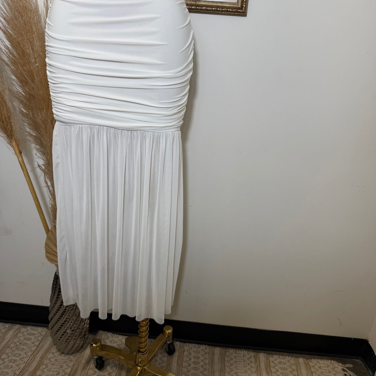 Mesh & Knit Mix Long Dress-Ivory