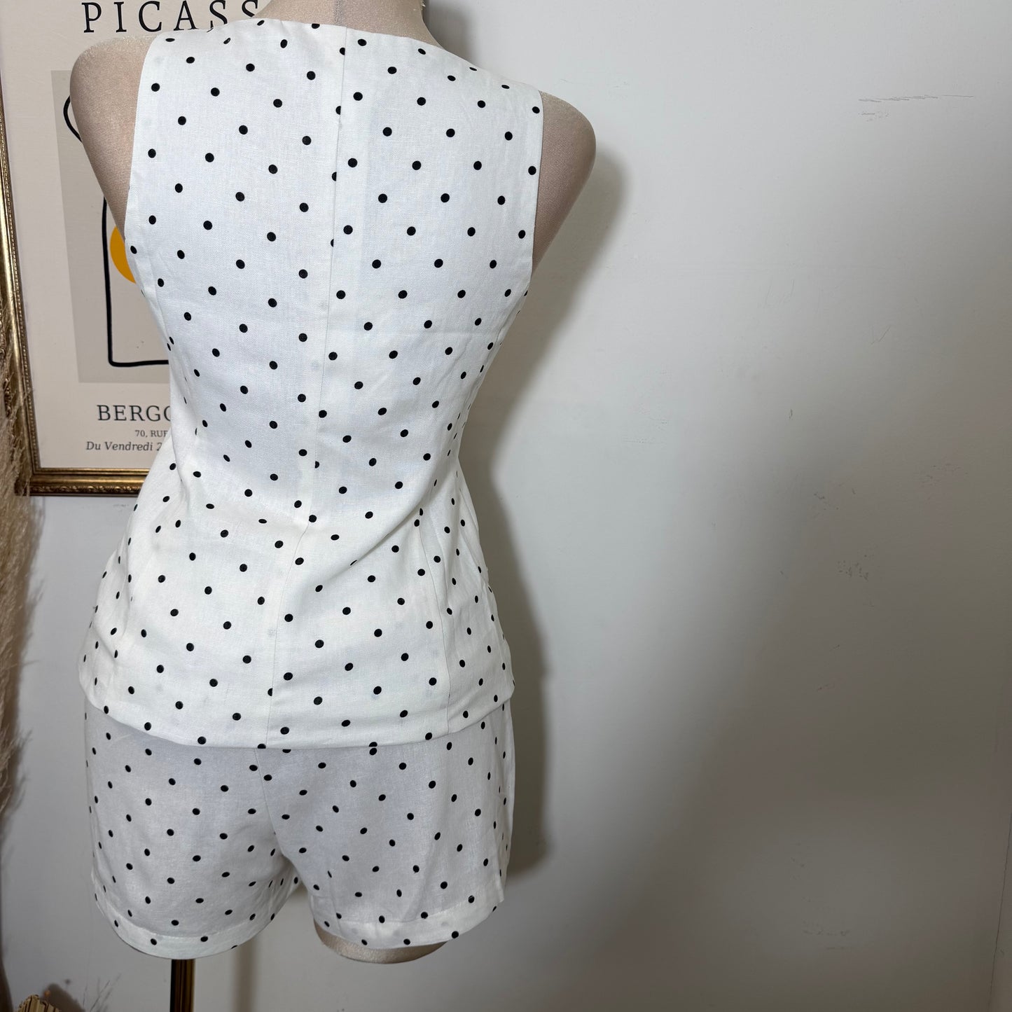 Polka Dot Linen Top w/ Gold Buttons shorts set-White
