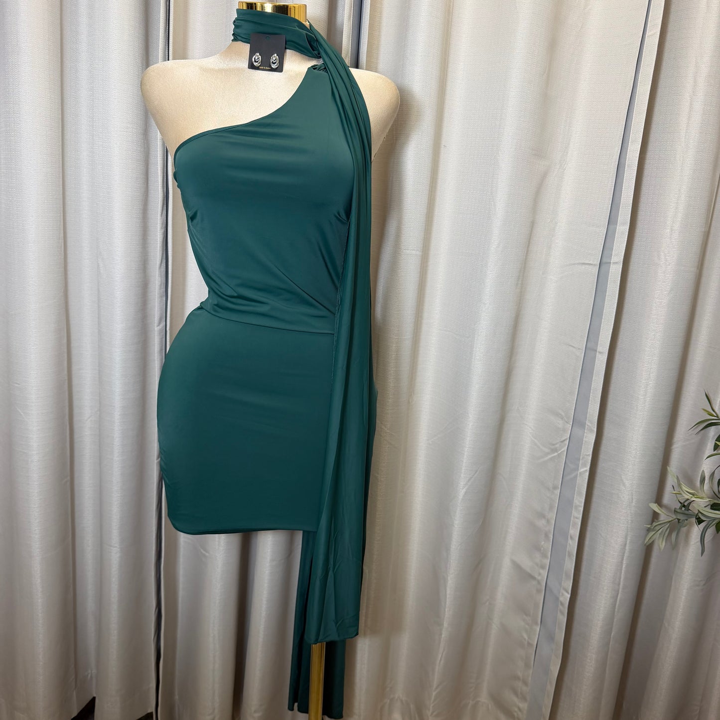 Thin Soft knit with scarf Dress-Hunter Green