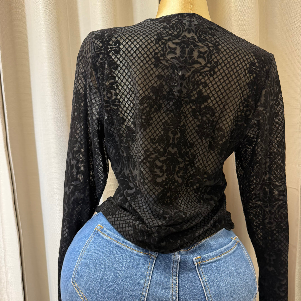 PL-Flocked Mesh Long sleeve Top-Black