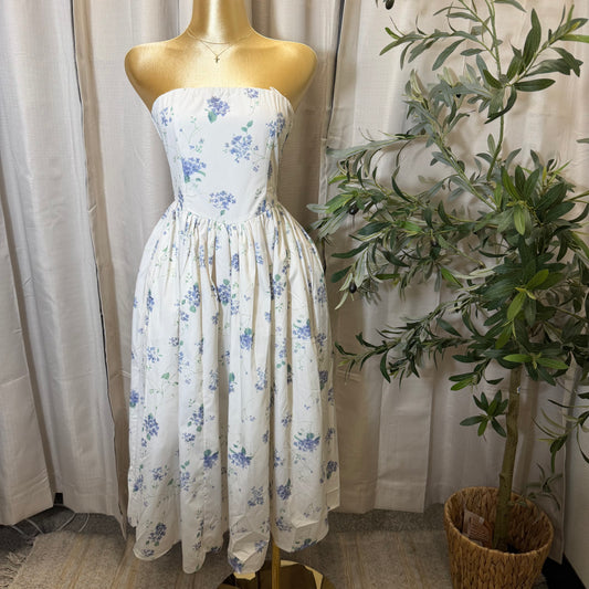 Strapless Floral Midi Dress-White/Blue