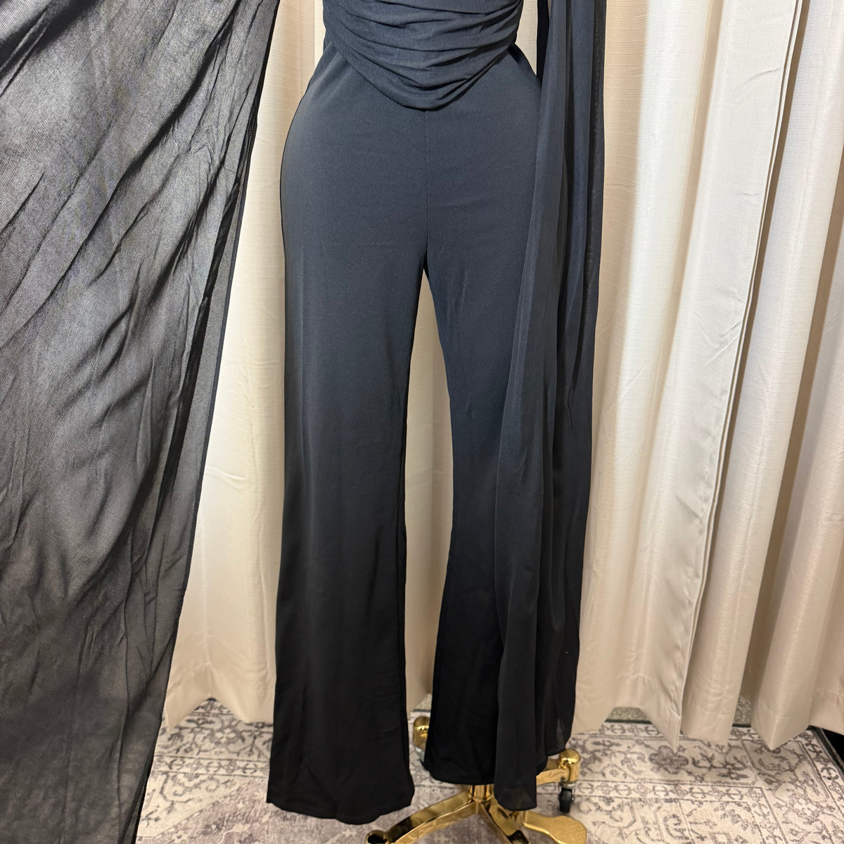 Mesh Cape Sleeve Corset Jumpsuit-Black
