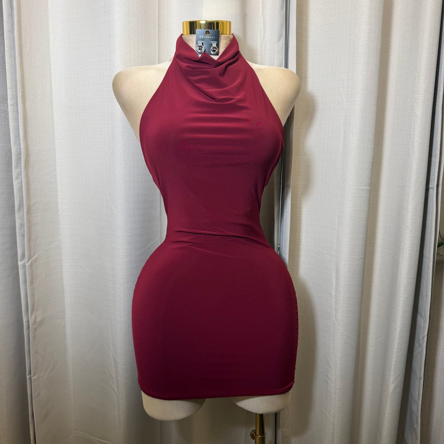 Sleeveless Halter Cowl Neckline Mini Dress-Burgundy