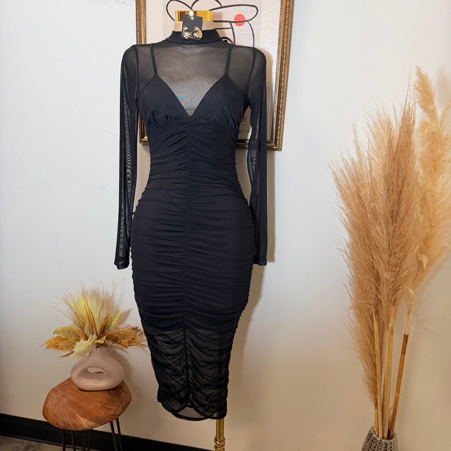 Mesh Side Shirring Midi Dress-Black