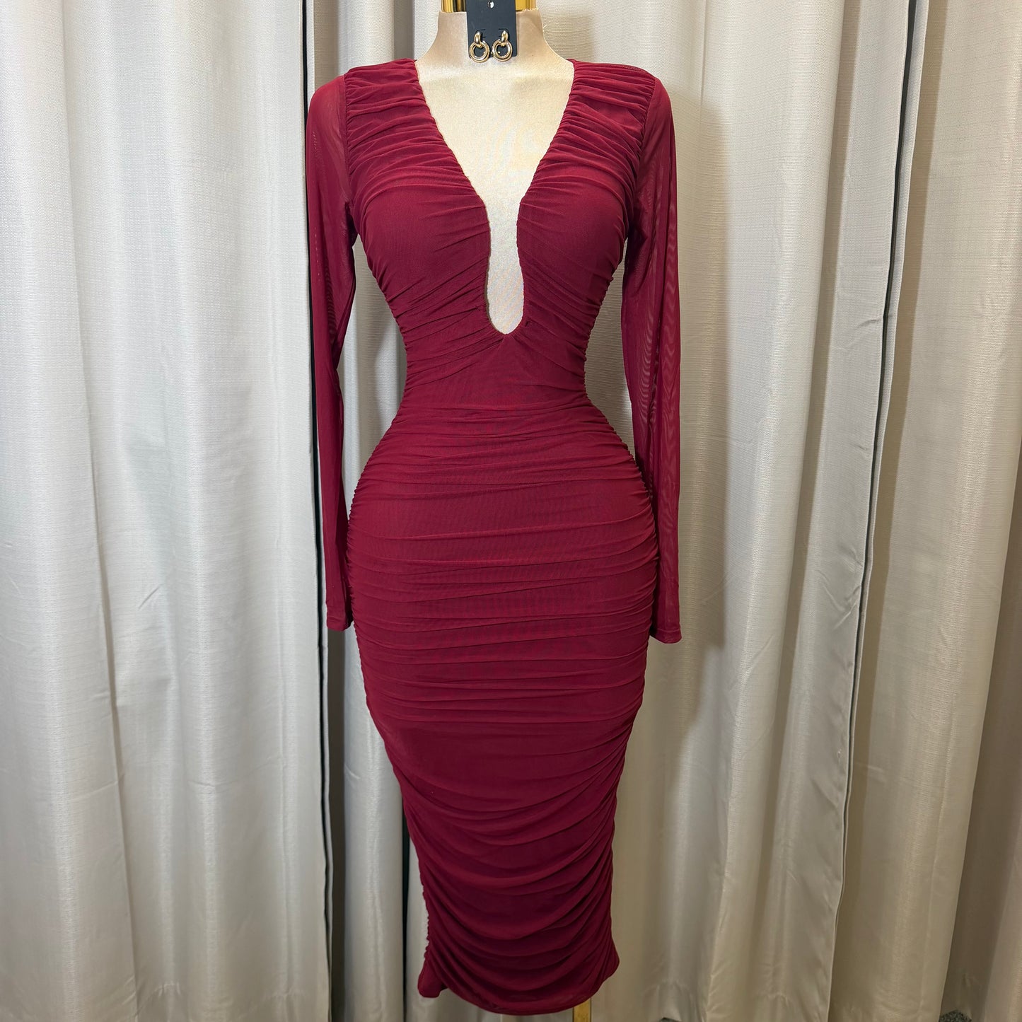 Mesh Long Sleeve Midi Dress w/ a U wire insert-Wine/Burgundy