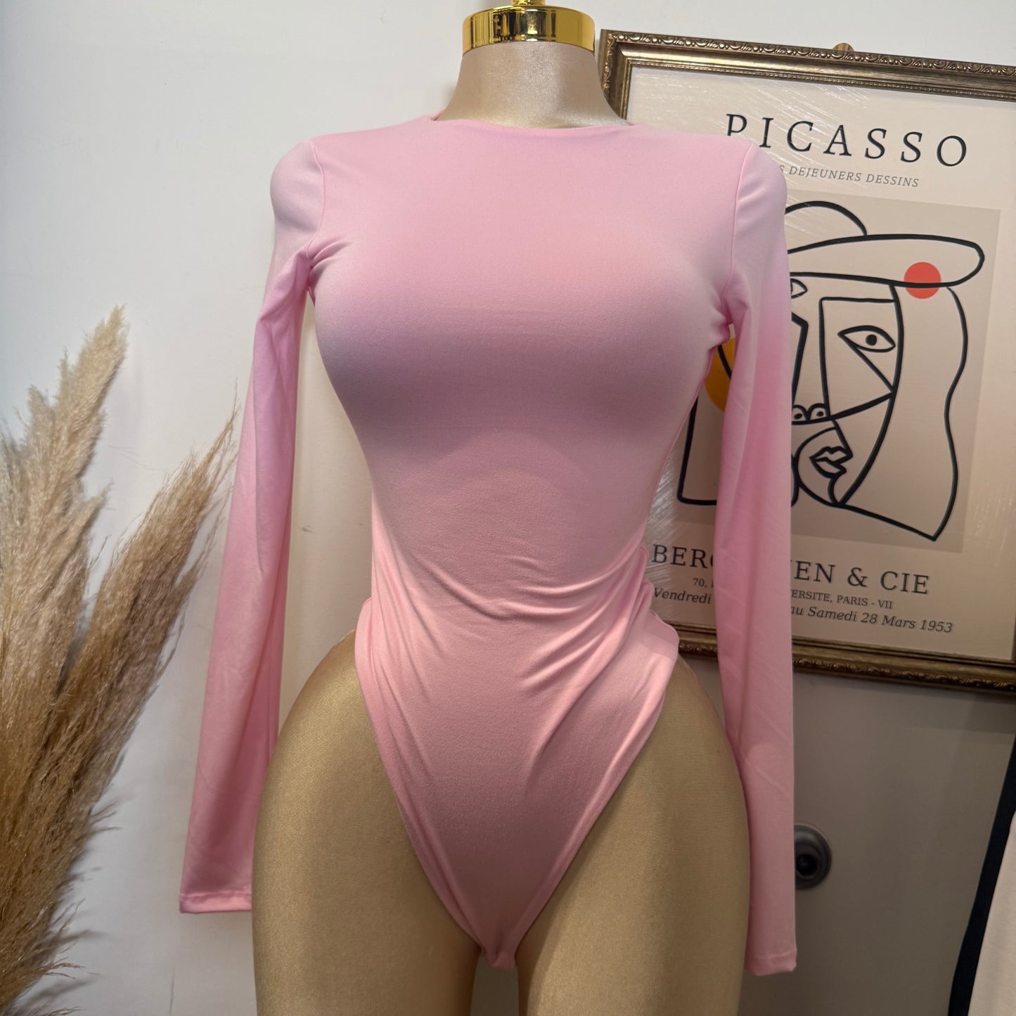 Long Sleeve Crew Neck Thong Bodysuit-Baby Pink