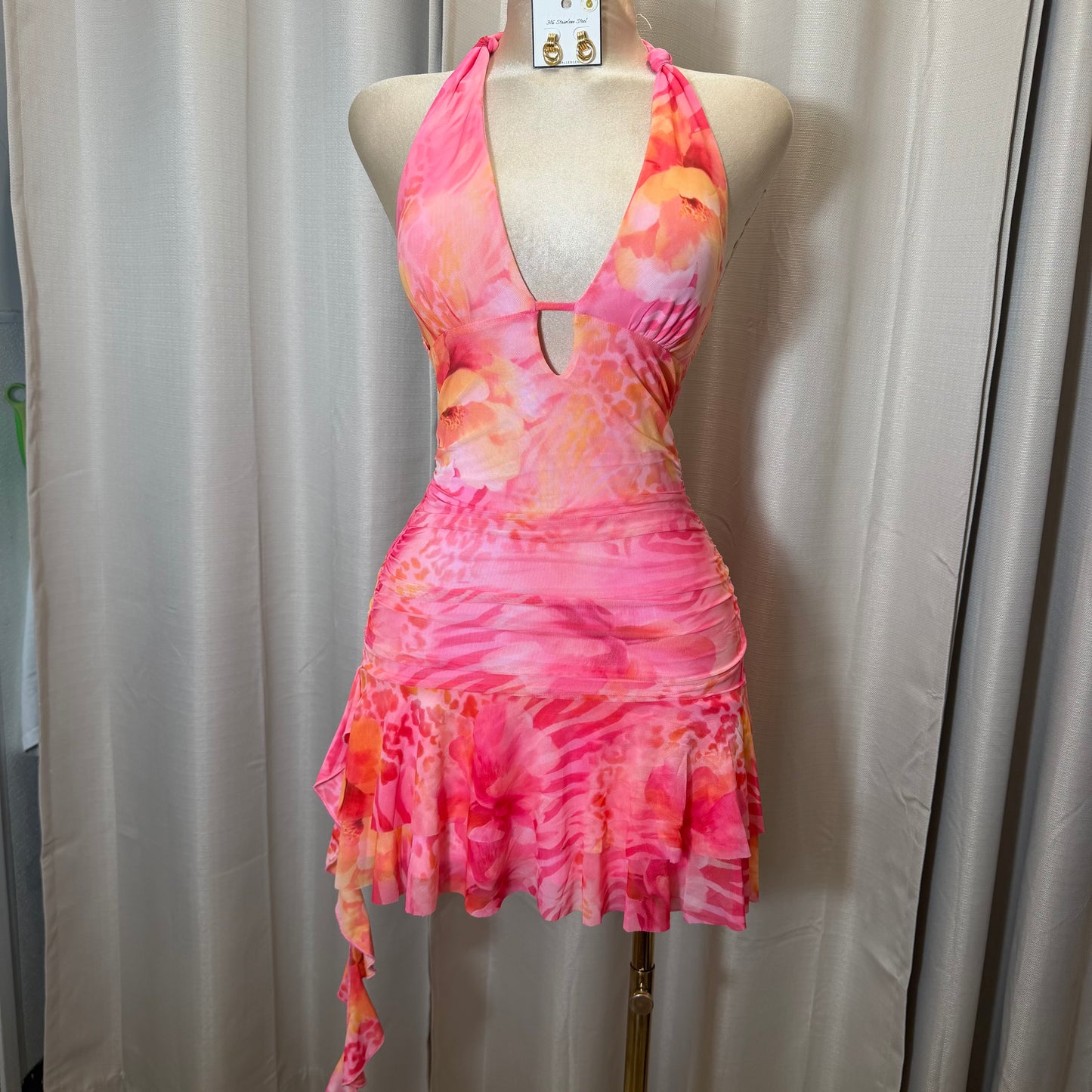 Halter Leopard flower Dress-Pink
