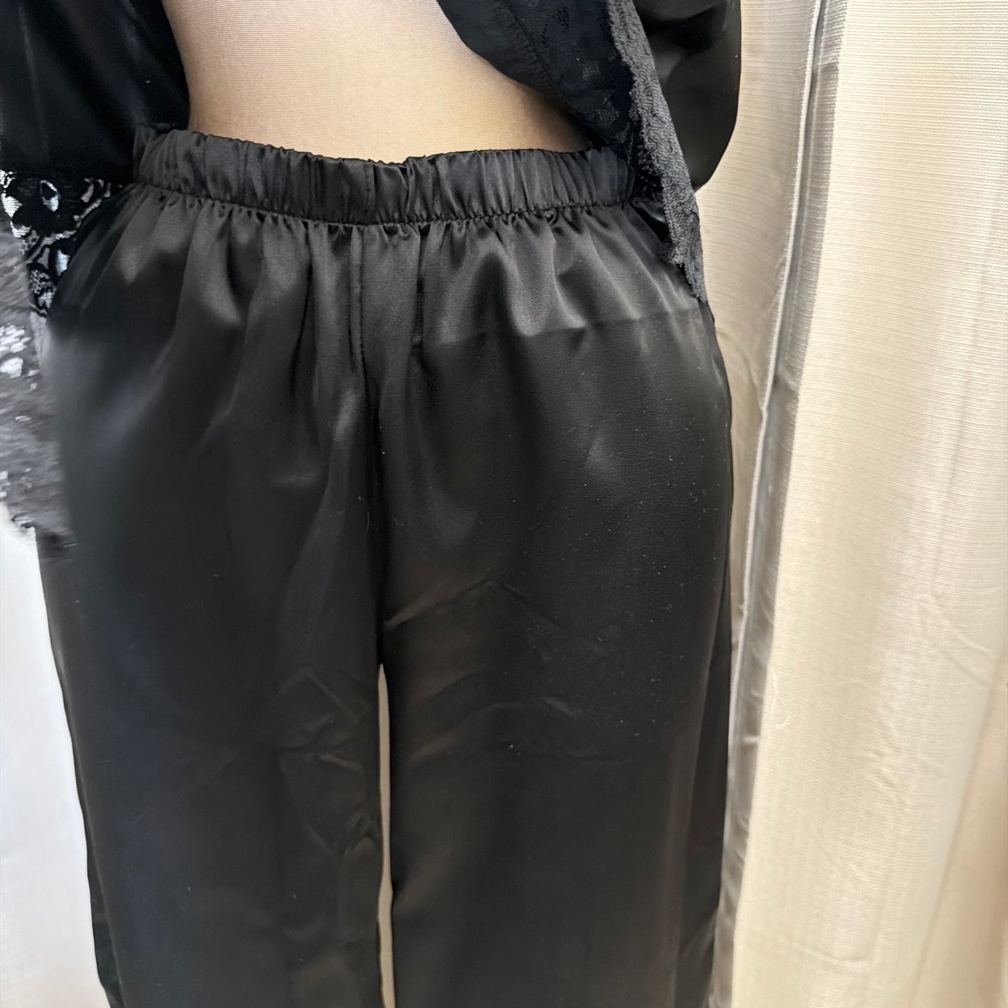 Asymmetrical Lace Top and Satin Pant Set-Black