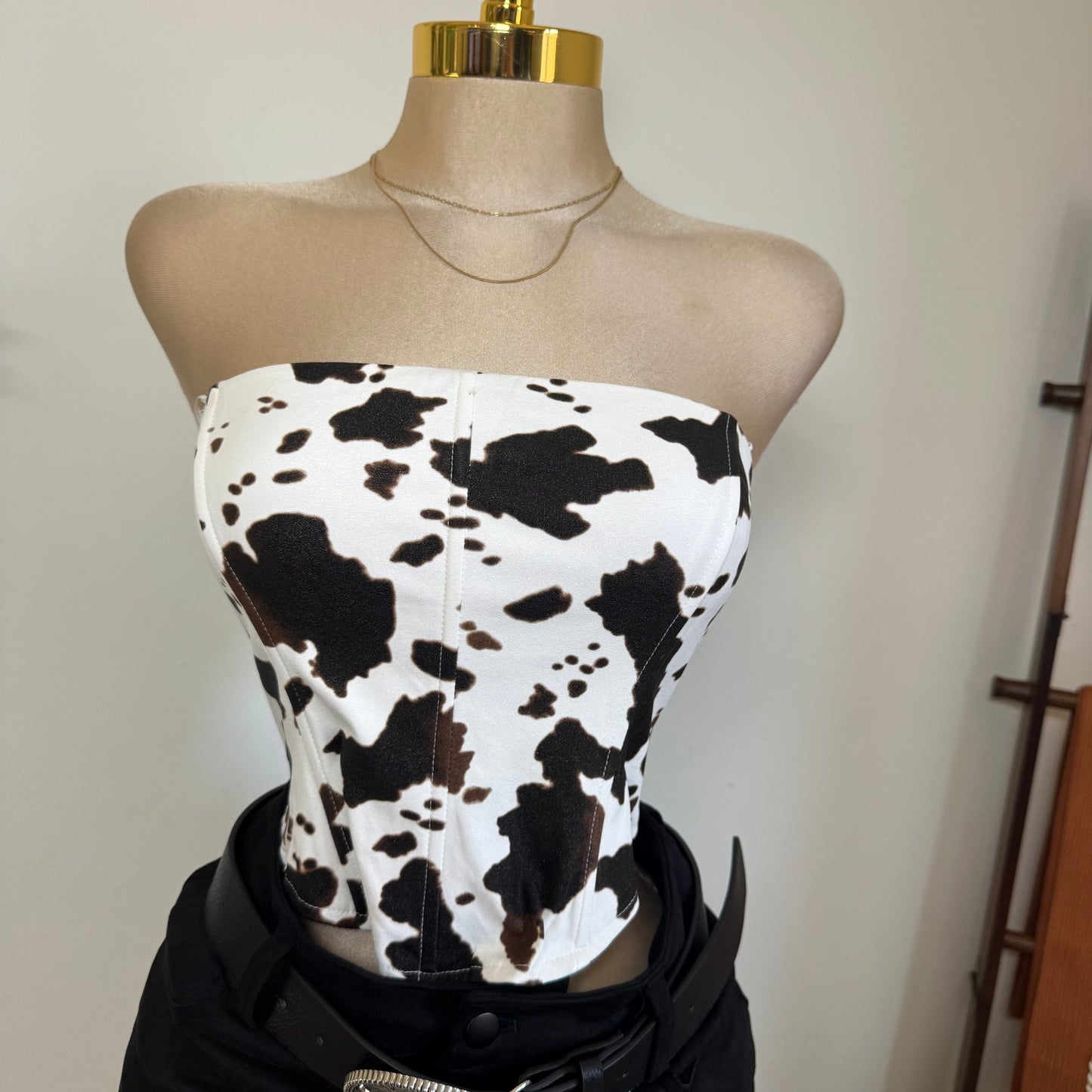 Strapless Cow Print Suede Corset Top