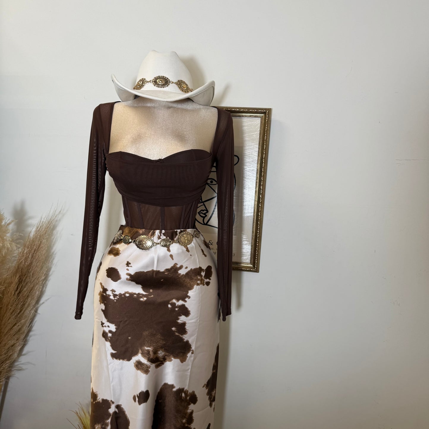 Cow Print Satin Maxi Skirt-brown