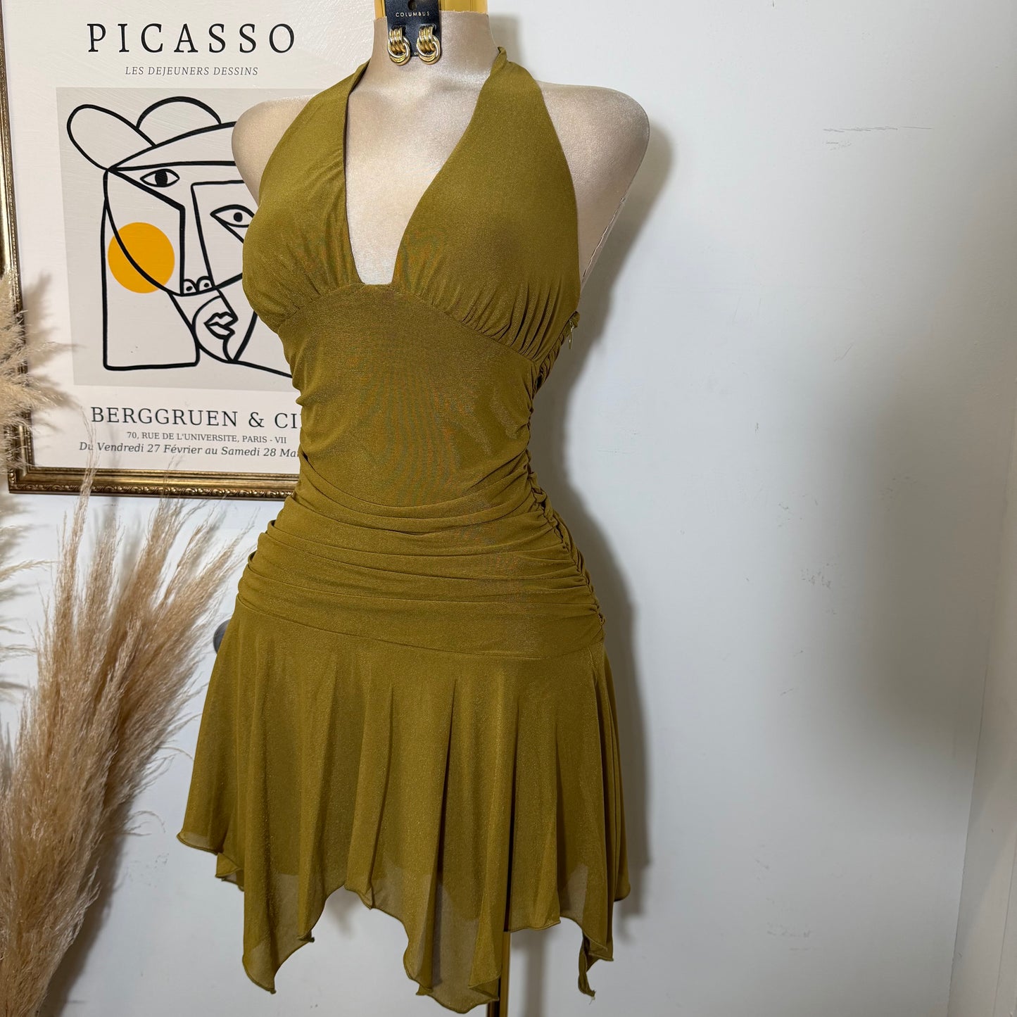 Halter Neck Ruched Waist Asymmetrical Hem Mini Dress-Marigold