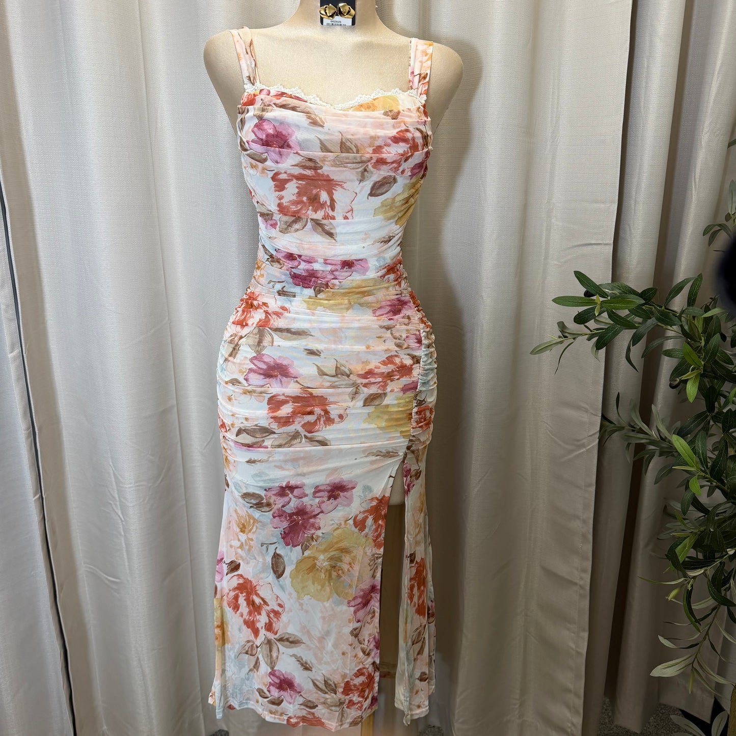 Mesh Flower Print Midi Dress-Pink/Cream/Multi