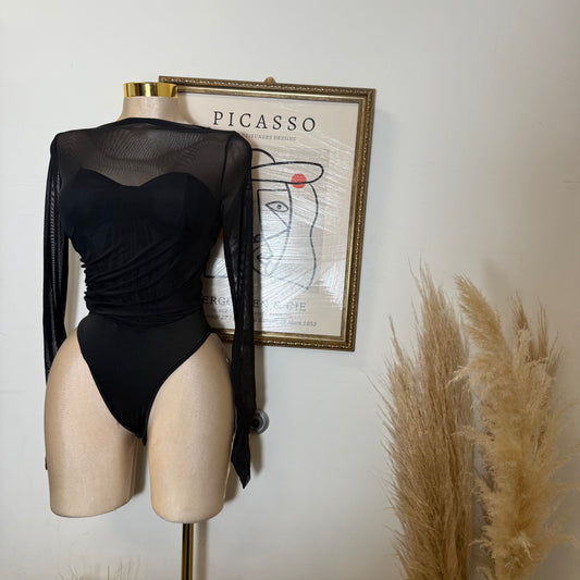 Long Sleeve Mesh Top Bodysuit-Black