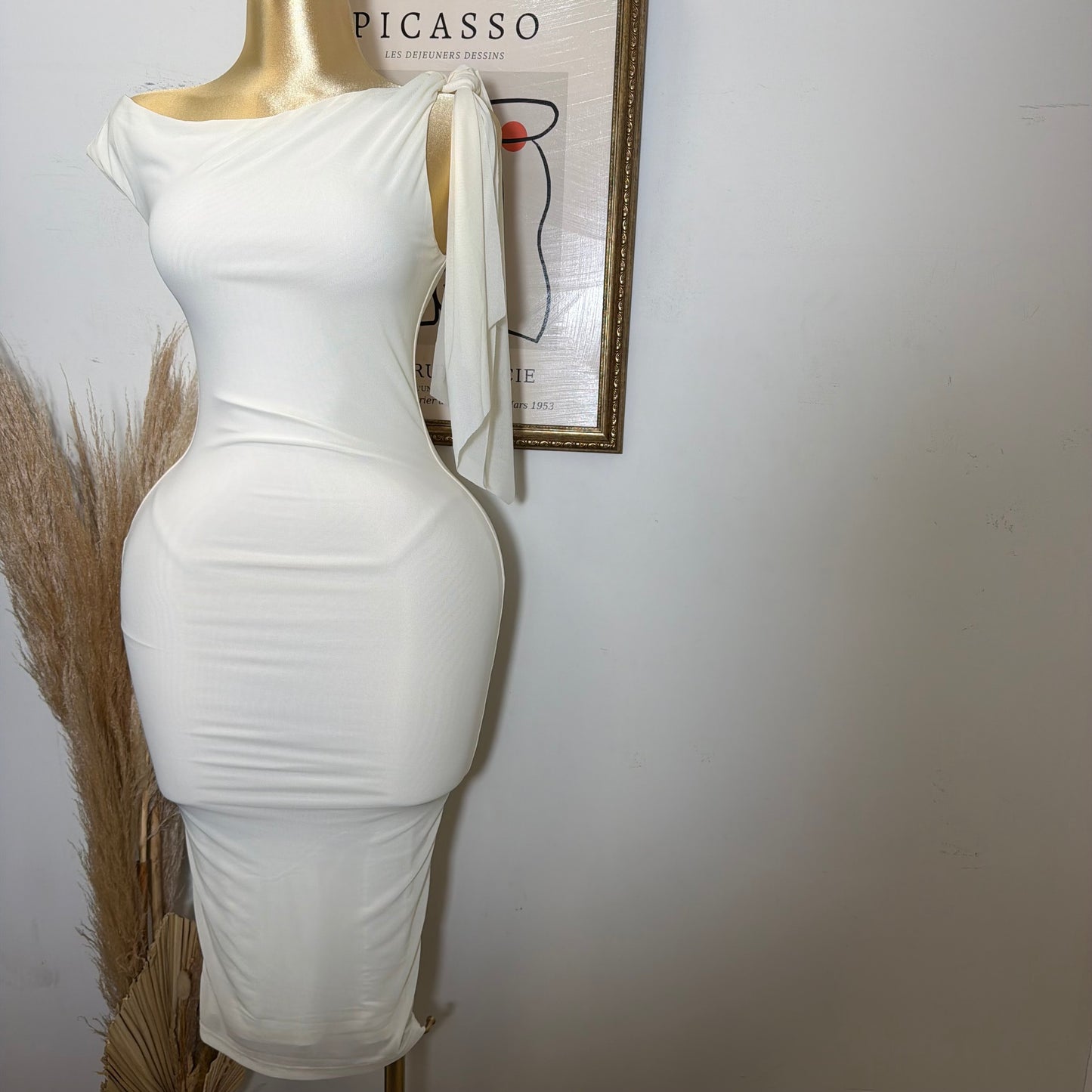 One shoulder Tie Midi Dress-Cream