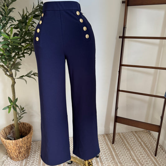 High waisted Dressy Pants with Buttons on the Side-Navy