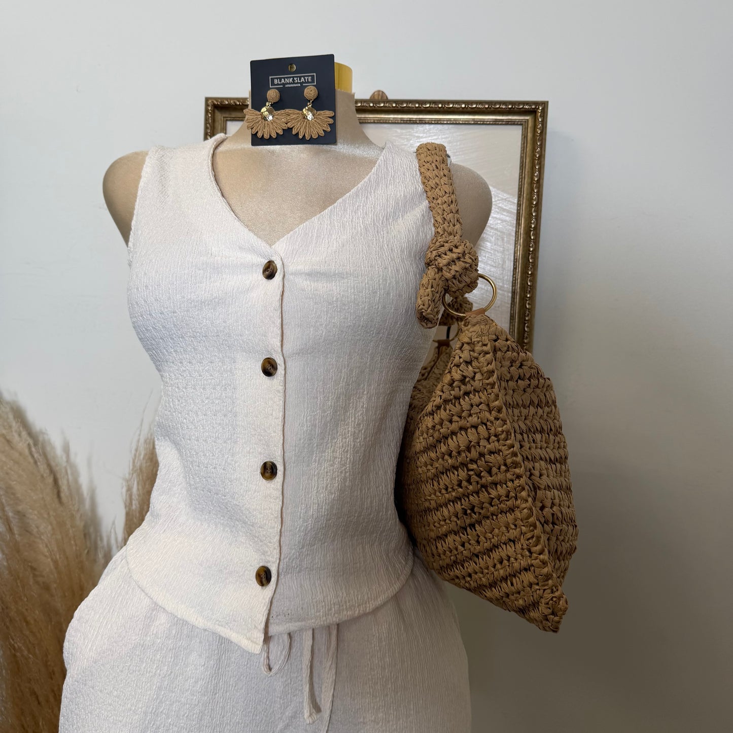 V-Neck Vest & Long pants Sets-Ivory